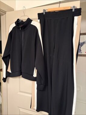 Spanx Women's Black Track Jacket & Pants Set with Cream & White Stripes